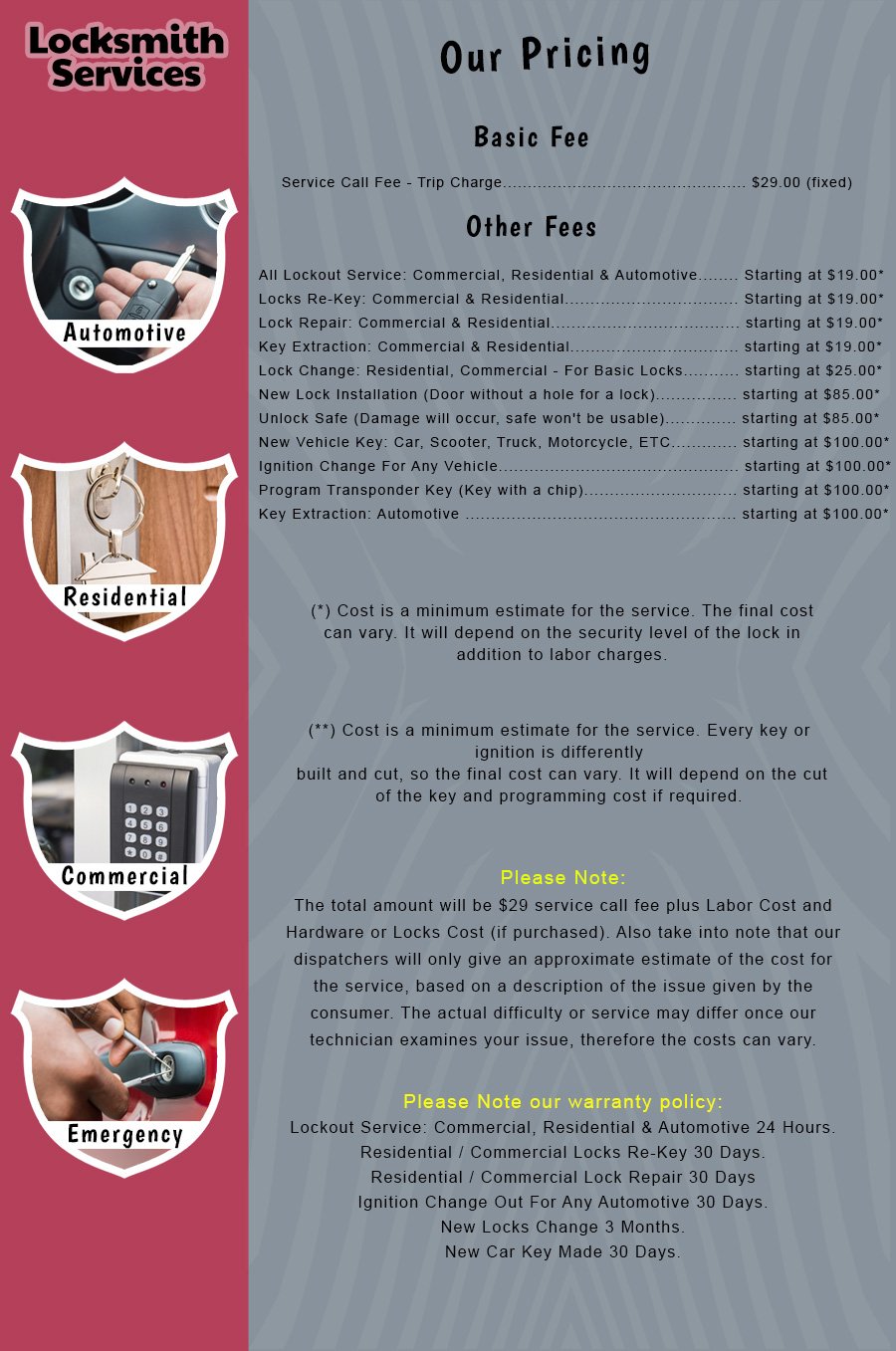 Manhattan Beach Locksmiths Price List